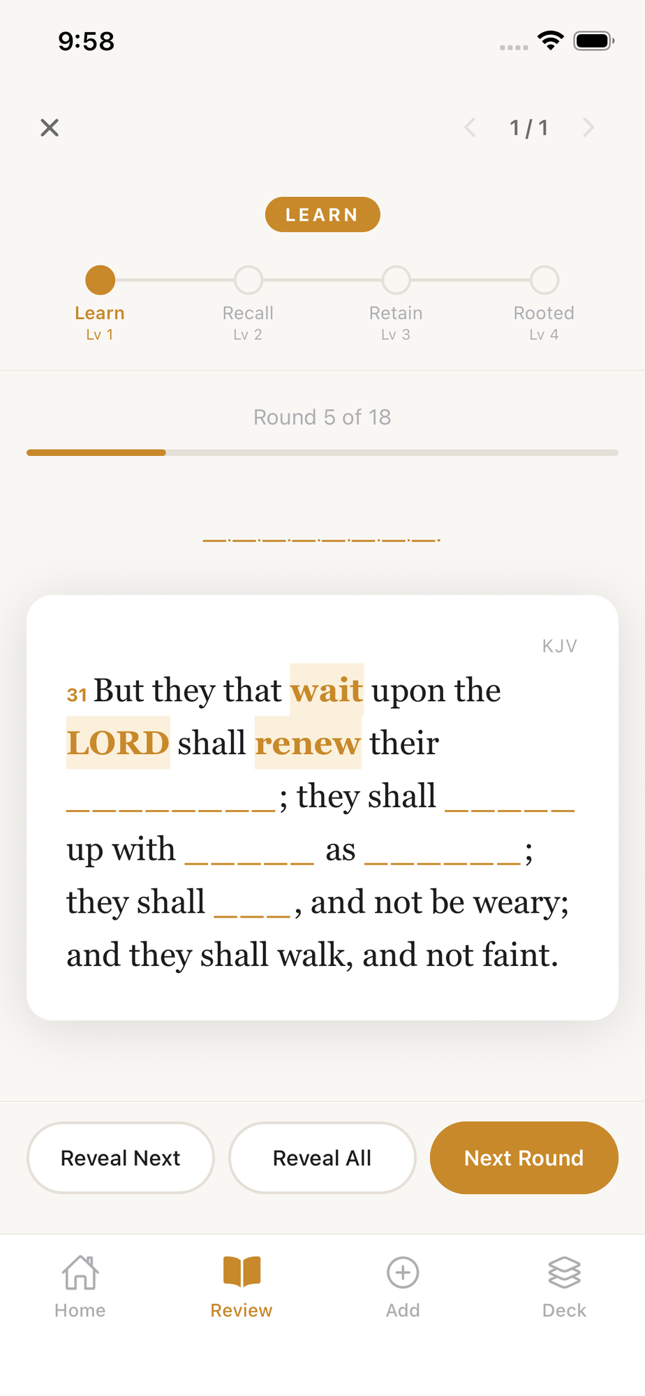 Engraft showing a cloze review card